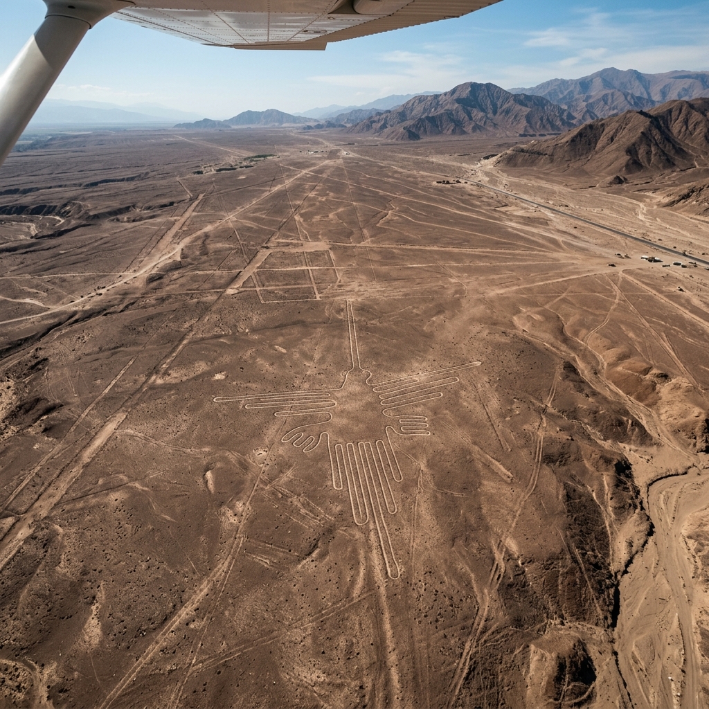 Vista aerea del geoglifo del Colibri en las Lineas de Nazca Peru